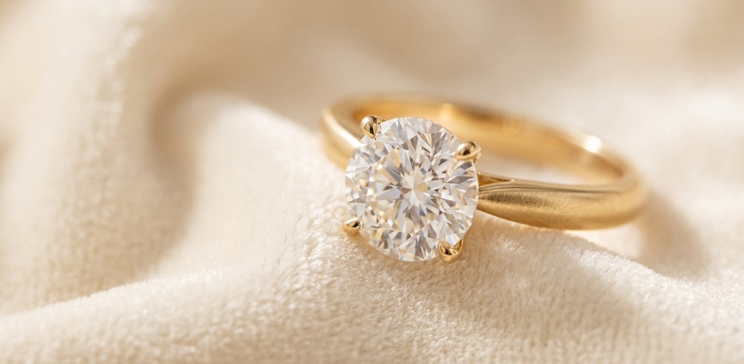 Close-up of a diamond solitaire ring on soft fabric