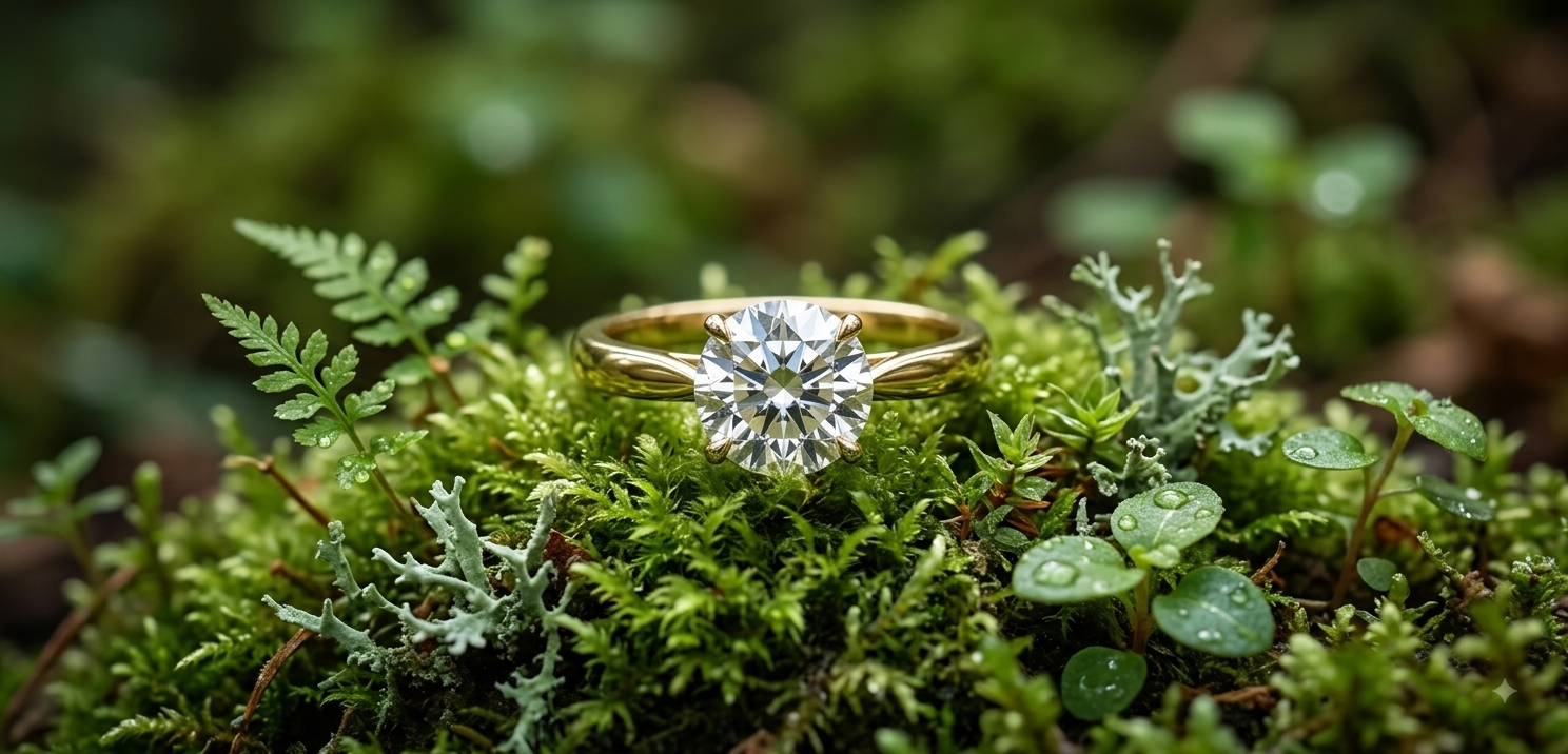 Diamond ring resting on natural moss and greenery